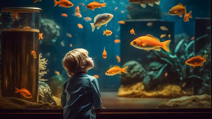 Boy watching fish in the aquarium.