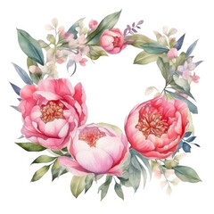 Watercolour peonies flowers heart wreath. AI generated