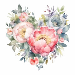 Watercolour peonies flowers heart wreath. AI generated