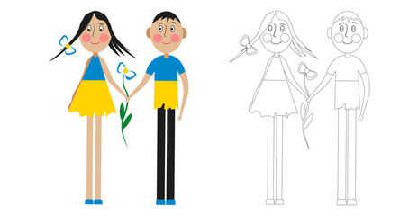 Cartoon Happy boy and girl, dressed in the colors of the flag of Ukraine, are holding a flower.