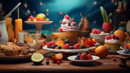 cake with fruit and cream dripping, Generative AI