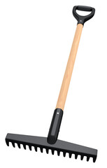 Garden rake with wooden handle for harvesting hay on white background.