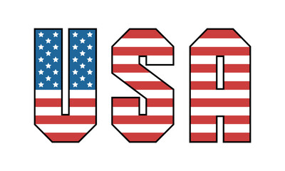 USA word with American flag. Decorations for USA independence day. Isolated vector and PNG illustration on transparent background. 