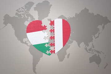 puzzle heart with the national flag of peru and hungary on a world map background.Concept.