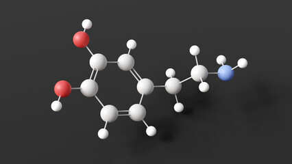 dopamine molecule, molecular structure, neuromodulatory molecule, ball and stick 3d model, structural chemical formula with colored atoms