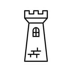 Castle tower icon. Black contour linear silhouette. Front side view. Editable strokes. Vector simple flat graphic illustration. Isolated object on a white background. Isolate.