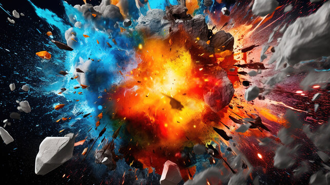 an explosion meteor in space, broken stone, ai generated image