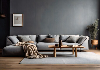 a room with a grey sofa and pillows