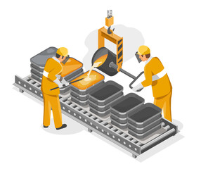Metal industry Factory laborer worker casting metal yellow suite dangerous career concept isometric isolated cartoon