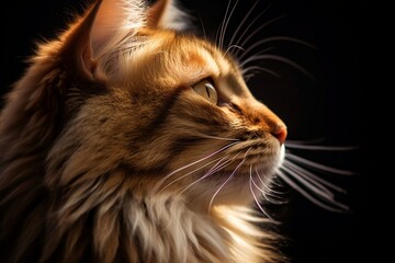 Close-up portrait of a red Maine Coon cat on a black background. Profile view. Generative AI.