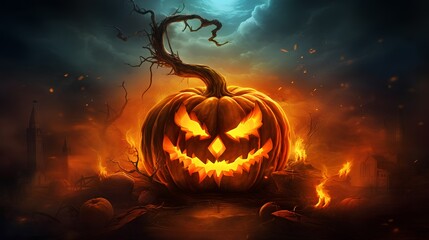 Halloween creepy dark background with a pumpkin in the center. Generative AI.