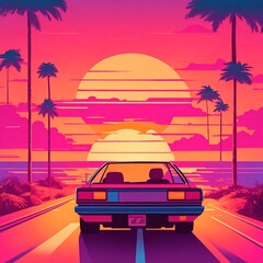 Summer vibes 80s style illustration with car driving into sunset background.