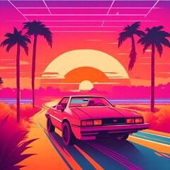 Summer vibes 80s style illustration with car driving into sunset background.