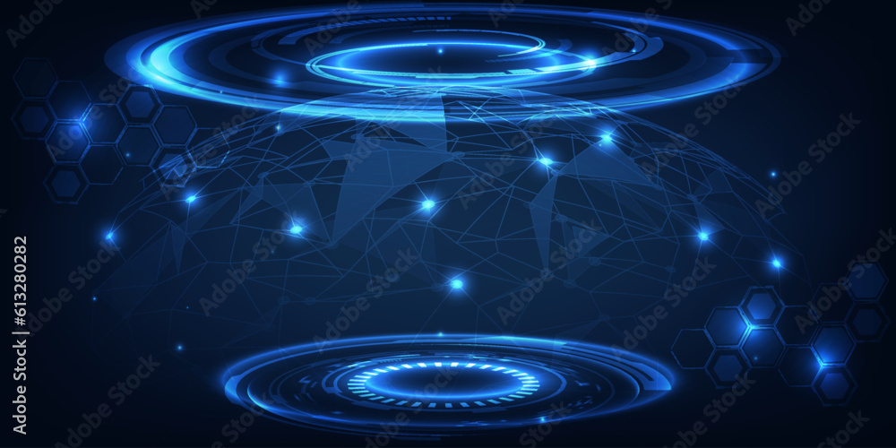 Poster Vector illustrations of futuristic stage layout for showcase with digital element around for product advertising and game artwork.