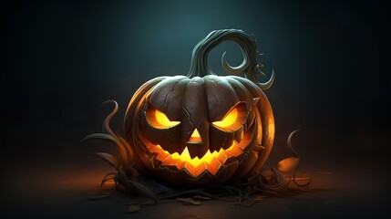 Halloween creepy glowing pumpkin. Generative AI.