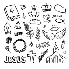 Christian doodles. Vector hand drawn illustrations about religion and church.  Line art religious illustrations.  - 613280856