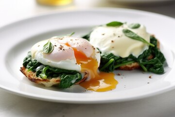 Delicious Plate of Eggs Florentine on a White Background. Generative AI - obrazy, fototapety, plakaty