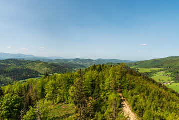 Obraz premium View from lookout tower on Smrekovka hill above Vychylovka village in Slovakia