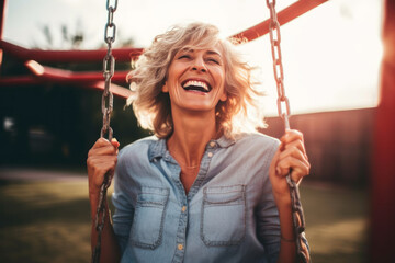 Middle-aged woman laughing joyously on a swing, exuding vitality, freedom, and playful joy in this liberating moment, generative ai