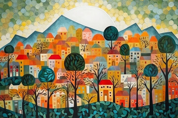 Decorative landscape with mountain town