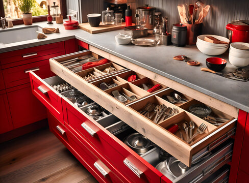 an open kitchen with red kitchen utensils in a drawer