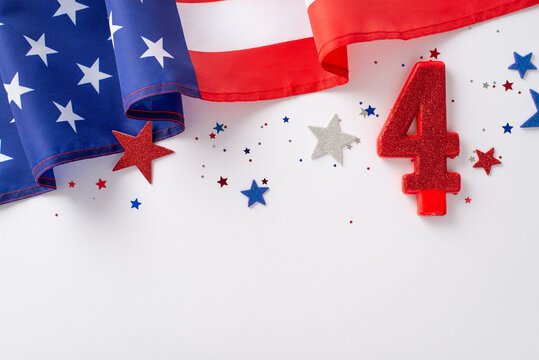 The fourth of july celebration concept. Above view photo of the shiny number four surrounded by red, white and blue confetti stars and american flag on white isolated background with copy-space