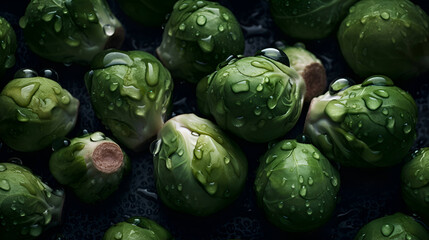 Fototapeta na wymiar Farm Brussels sprouts with water drops, banner, Generative AI 2
