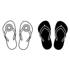 Summer flip flops icons. Vector illustration of Black and White Beach Slippers with Flower