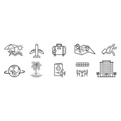 Travel Icons Set. Vector Illustrations of Man on the Beach, Man Hurrying with Luggage, Plane, Land, Hotel, Cafe, Bag, and Map