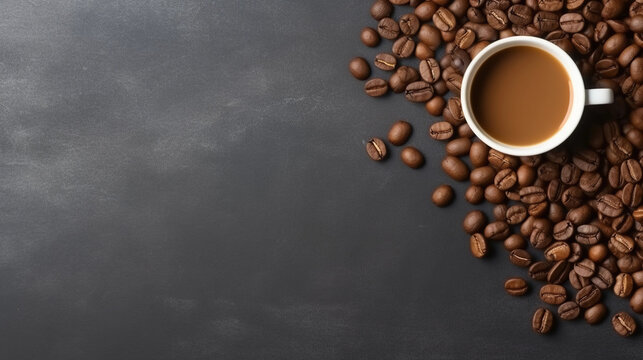 Coffee beans and a cup of coffee, isolated on slate tone background with copyspace, Generative AI.