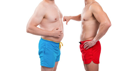 cropped view of men with before obesity after slimming, thumb down.