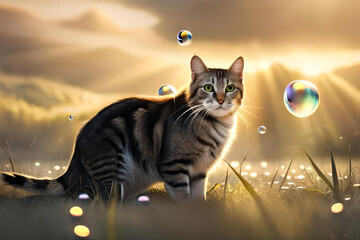 a cat surrounded by floating bubbles, evoking a sense of wonder and joy