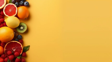 Fruits, isolated on yellow background with copyspace, Generative AI.