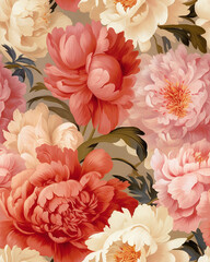 Hand drawing wallpaper tileable pattern of peonies created with Generative AI technology