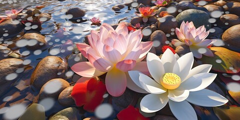 "Oceanic Harmony: Lotus Blossoms on Pebble Oasis" | Background Design | Generative AI Artwork