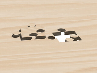 Missing jigsaw puzzle wooden pieces in unfinished work, strategy and solution business concept, new puzzle piece insert. Jigsaw with a missing piece to complete. 3D illustration on white background.