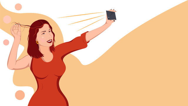 Beautiful girl makes selfie on smartphones. photo in social networks. Pop art vector illustration.