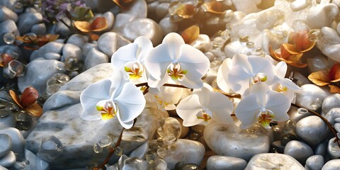 "Shoreline Opulence: Orchid Majesty Amongst Pebble Gems" | Background Design | AI Generated Artwork
