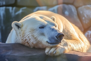 Fototapeta na wymiar Dozing polar bear shields eyes from sun's glare with paw Generative AI