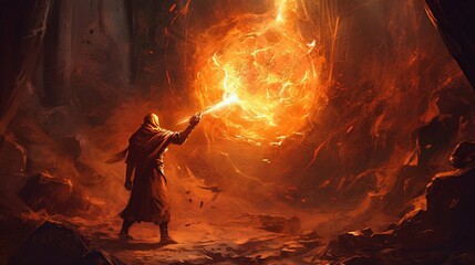 A mage conjuring a fireball in a dark and dangerous cave . Fantasy concept , Illustration painting. Generative Ai