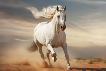 Obraz na płótnie Canvas Elegantly charging, the white horse captivates with its galloping beauty Generative AI
