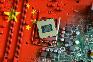 Florence, June 2023: Flag of the Republic of China on a red painted pc motherboard with a CPU....