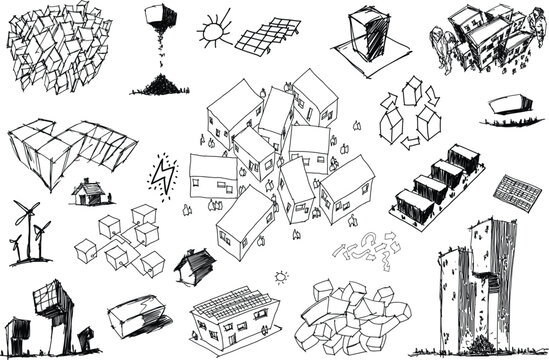 hand drawn architectural sketches of urban ideas and city structures and parts of the city and architecture and fantastic buildings and photovoltics and alternative energy ideas