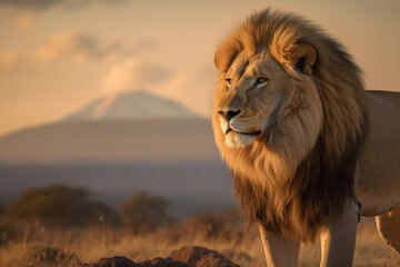 Obraz na płótnie Canvas Lion's regal gaze against savanna backdrop, Mount Kilimanjaro's sunset charm Generative AI