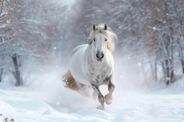 Obraz na płótnie Canvas Majestic horse gallops through the snow, a winter wonderland spectacle Generative AI