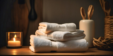 Fototapeta na wymiar spa towels stack in front of a wooden counter