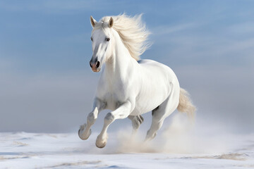 Obraz na płótnie Canvas Mesmerizing sight, the galloping white horse dazzles with its powerful stride Generative AI