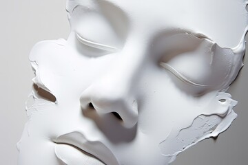 Naklejka premium Creative self-care concept. White cosmetic clay mask in the shape of a woman's face on a white background. Generated by AI.