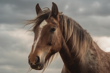 Fototapeta na wymiar Penetrating horse's gaze against cloudy sky, framed by wild mane Generative AI