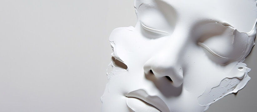 Creative self-care concept. White cosmetic clay mask in the shape of a woman's face on a white background.  Generated by AI.